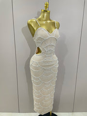 Pearl Beaded Sequins Spaghetti Strap Bodycon Long Dress