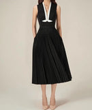 Women's V-neck Sleeveless Pleated A-Line Midi Black Dress