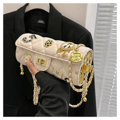 Cream quilted embellished barrel bag