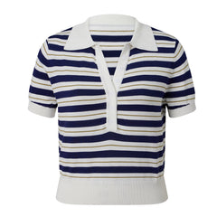 Striped Knit Cropped Polo Shirt