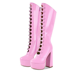 Patent Lace Up Platform Knee High Boots