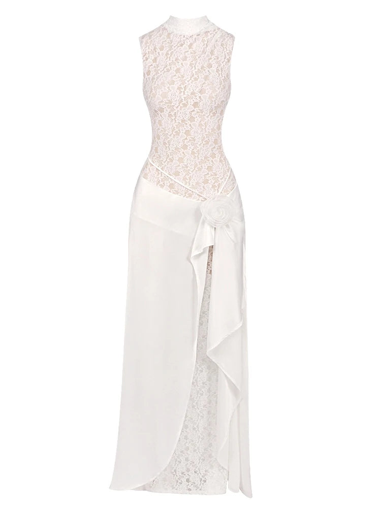 White lace dress with a sheer overlay on a white background