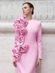 Pink Long Sleeves Hanging 3D Rose Detailed Evening Dress