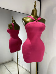 Rose red halter neck mini dress with ribbed texture