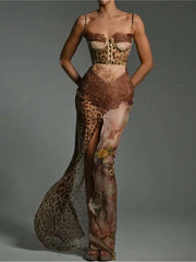 Leopard Print Lace Split Maxi Dress
