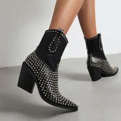 Studded Pointed Toe Block Heel Ankle Boots