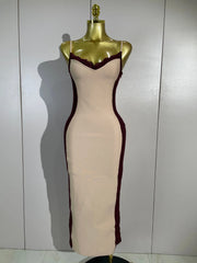 Lace Trim Colorblock Sleeveless Bodycon Midi Dress
