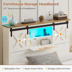 Farmhouse storage headboard with sliding barn door, rustic decor, and storage cubby.