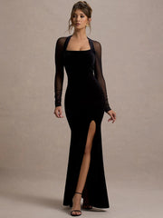 long sleeve velvet gown with thigh-high slit
