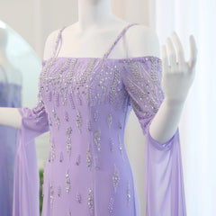  A glamorous lilac mermaid evening gown with flowing cape sleeves and delicate beading. Golden Atelier 3