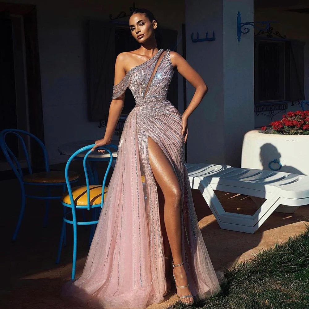 Rose Pink One-Shoulder Mermaid Evening Dress