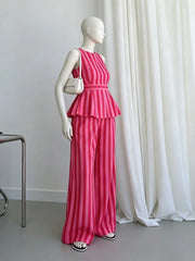 Striped Peplum Top and Wide Leg Pants Set