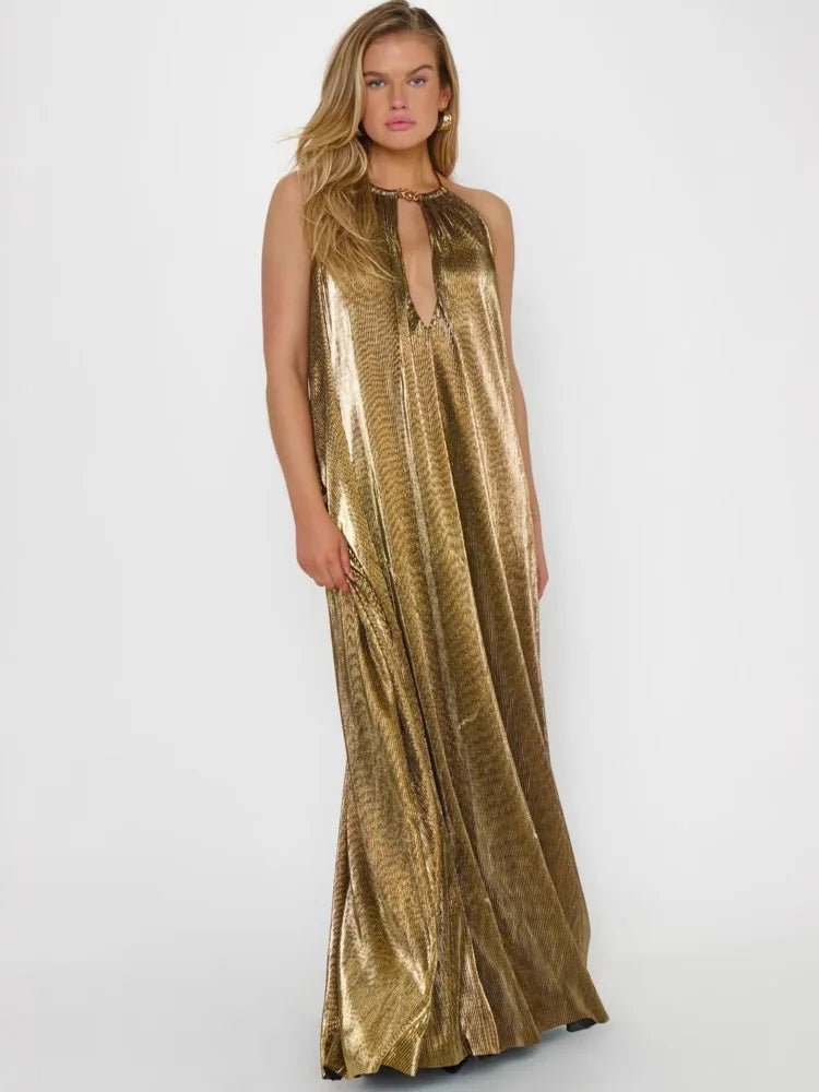 Gold halter neck maxi dress full length