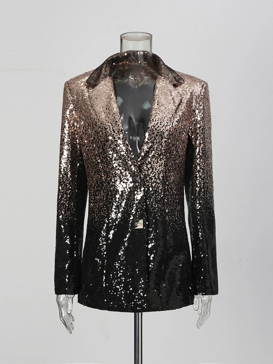 Black and gold sequin blazer on a mannequin against a gray background