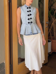 Mandarin Collar Peplum Denim Sleeveless Top