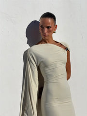 White One Shoulder Twisted Sleeve Midi Dress