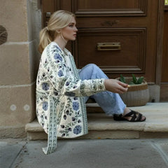 White Quilted Blue Flower Print  Jacket