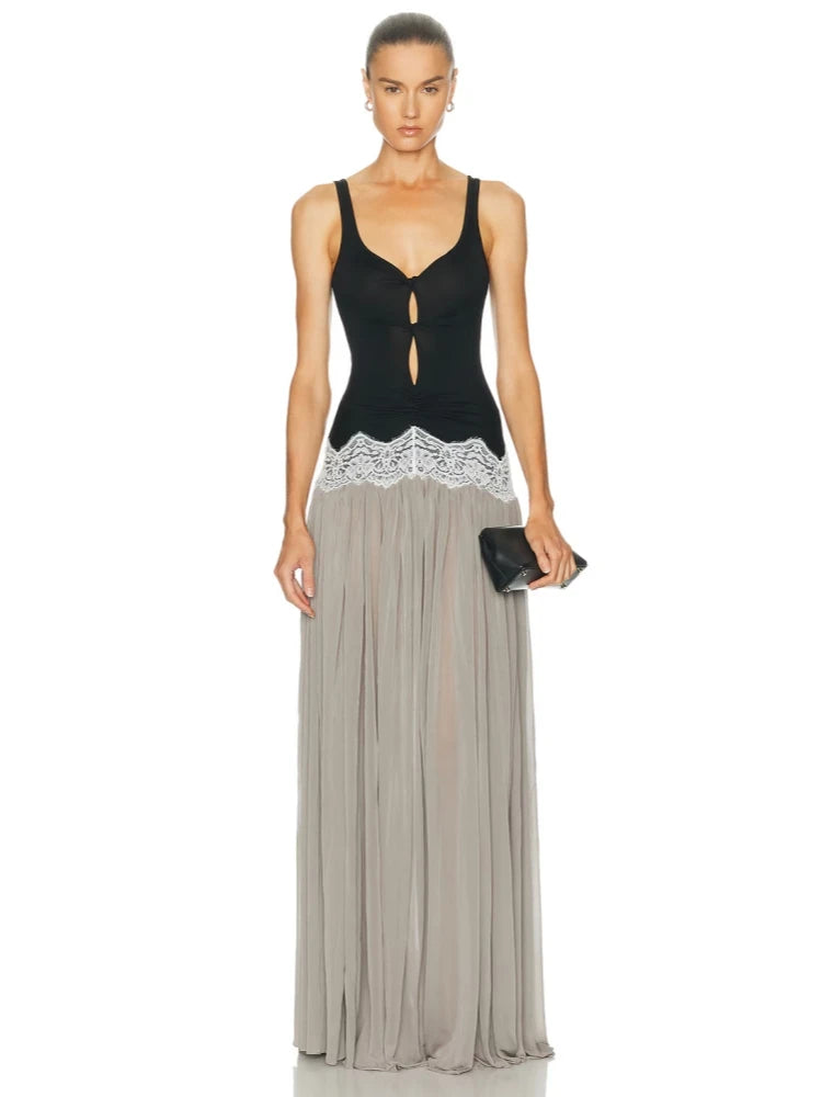 Lace trim v-neck maxi dress front view