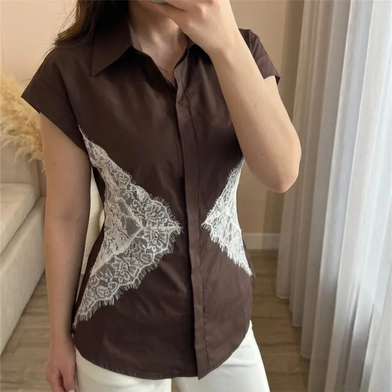 Brown button-down shirt with white lace panels