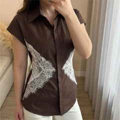 Brown button-down shirt with white lace panels