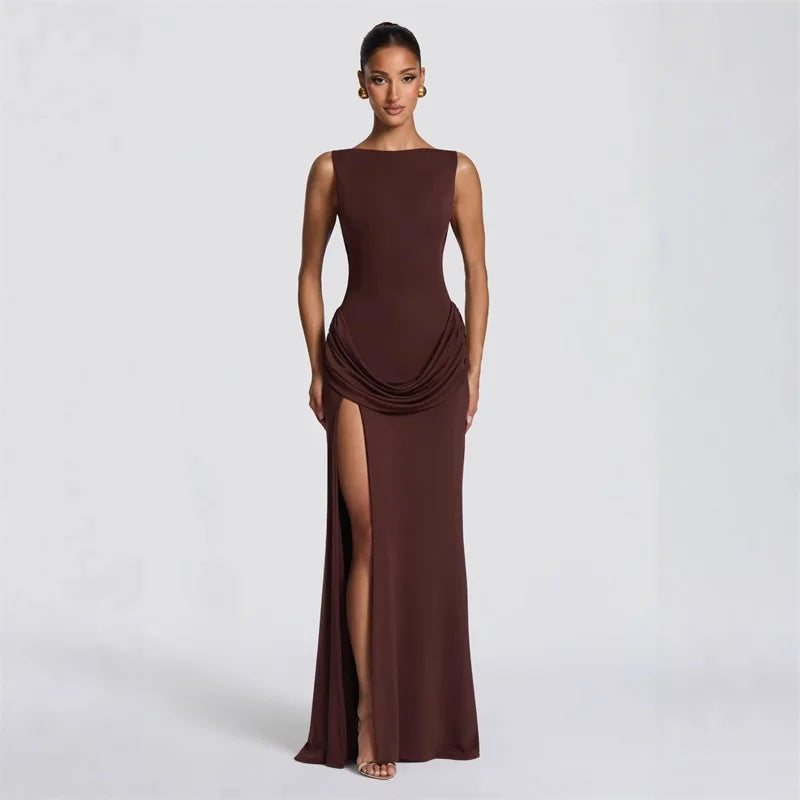 Sleeveless high slit column gown in brown