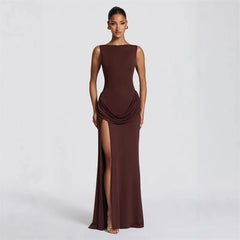 Sleeveless high slit column gown in brown