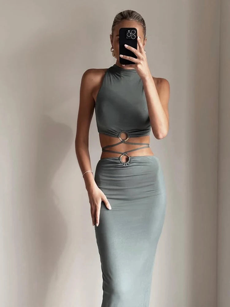 Solid High Collar Bandage Tank Top and Maxi Skirt Suit