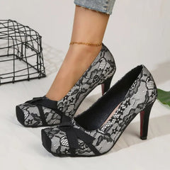 Lace Bow Square Toe High Heels