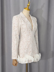White Lace Ruffle Hem V-Neck Blazer Mini Dress