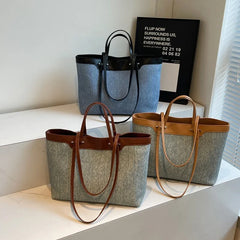 Three colored  large denim tote bag showcasing its spacious interior and stylish design.