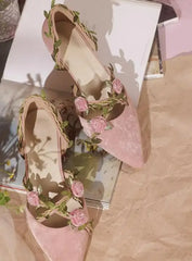 Pink Floral Vine Kitten Heels