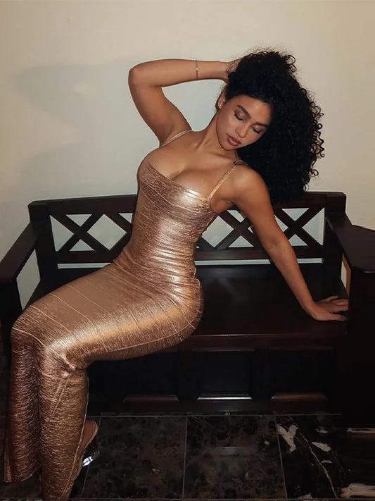 Form-fitting metallic maxi dress with square neckline