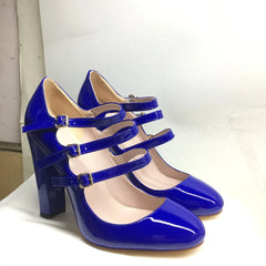 Blue Round Toe High Heels Pumps 3-Straps Shoes