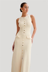 Sleeveless Buttoned Solid Round Two Pocket Knit Long Dress. Golden Atelier 2