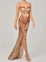 Leopard Print Lace Split Maxi Dress