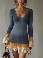 Patchwork lace knit mini dress with deep v-neck and flare sleeves