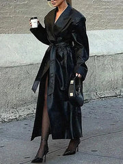 Black faux leather trench coat with belted waist