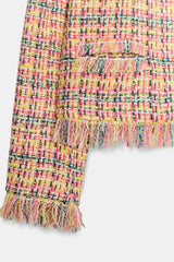 Tweed fringe cropped jacket hem and sleeve detail