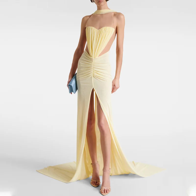 Ruched halter neck high slit maxi dress side view