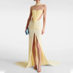 Ruched halter neck high slit maxi dress side view