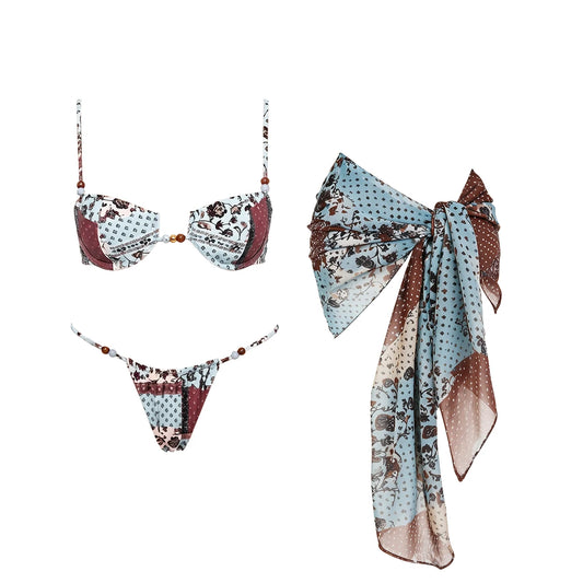 Patchwork print bikini set with a large bow scarf cover-up.