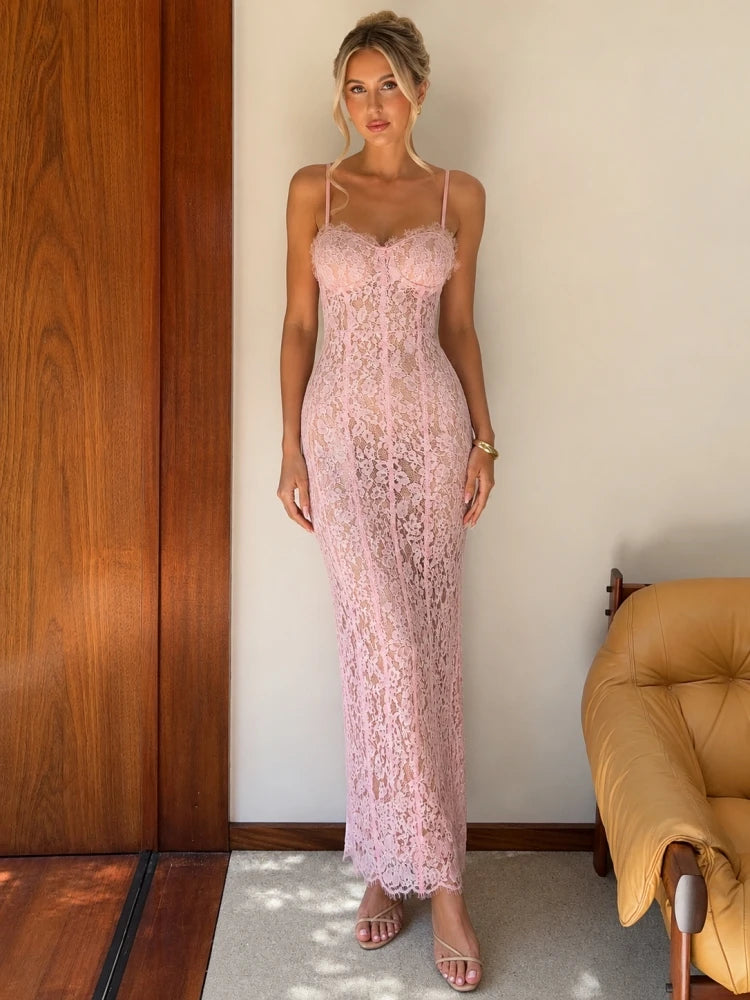 Pink lace spaghetti strap V-neck maxi dress