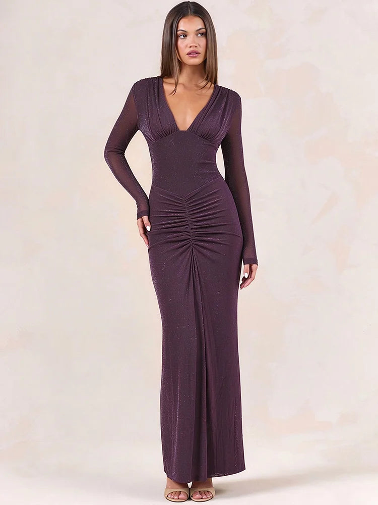 Ruched long sleeve maxi dress detail in purple