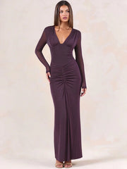 Ruched long sleeve maxi dress detail in purple
