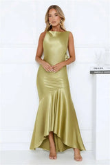 Satin Backless Asymmetrical Hem Maxi Dress