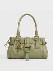 Structured Rivet Lock Shoulder Bag