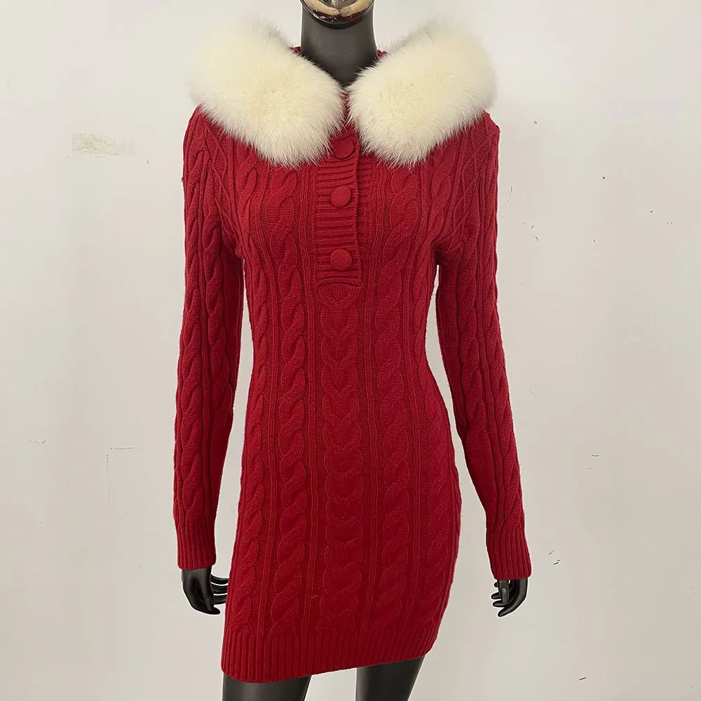 hooded knit sweater dress with real fur collar