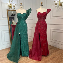 Mermaid High Split Elegant One Shoulder Beaded Prom Dresses