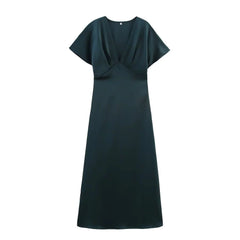 Satin V-Neck Flutter Sleeve Maxi Dress