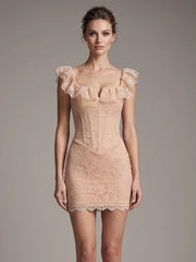 Lace Ruffle Square Neck Mini Dress with straps